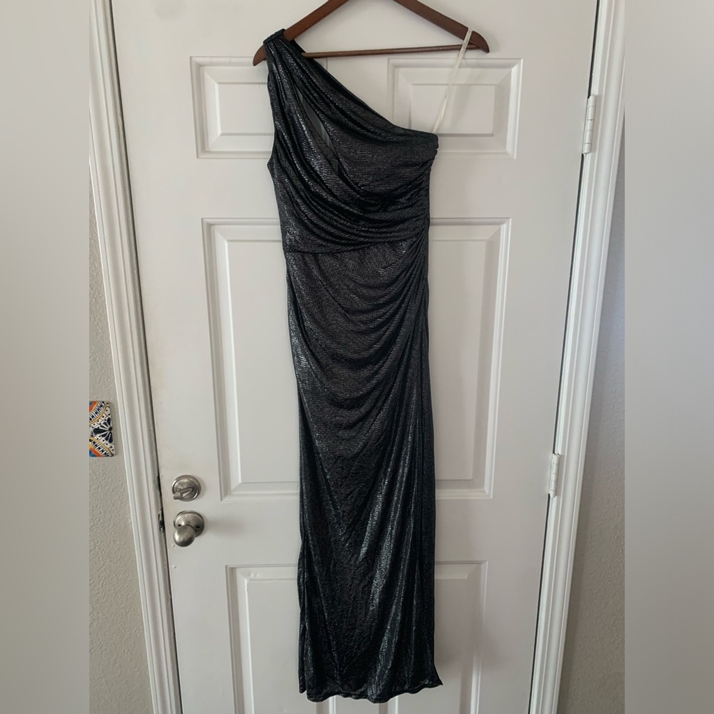 GALINA SIGNATURE One Shoulder Cutout Textured Metallic Sheath Dress